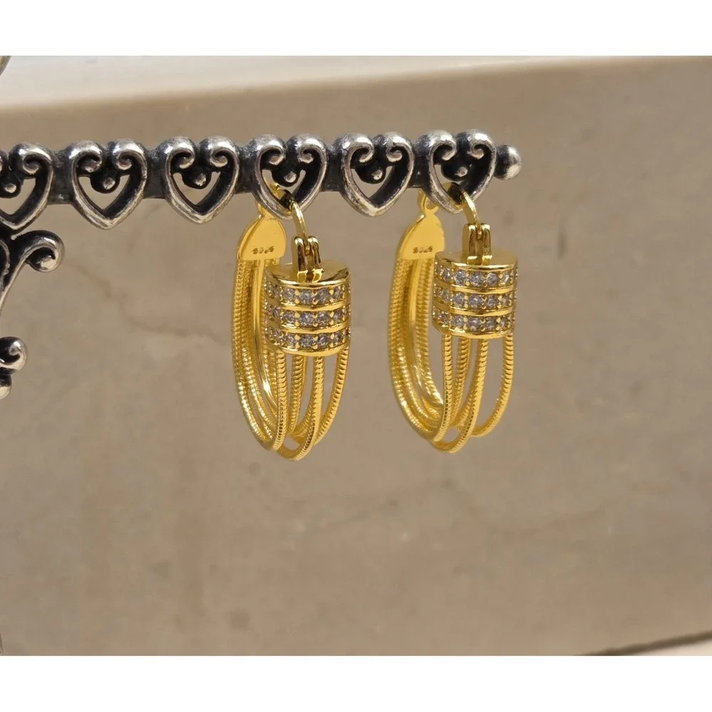 Stunning Sterling Silver Chandelier Hoop Earrings Pave CZ 30mm Bright Gold Tone